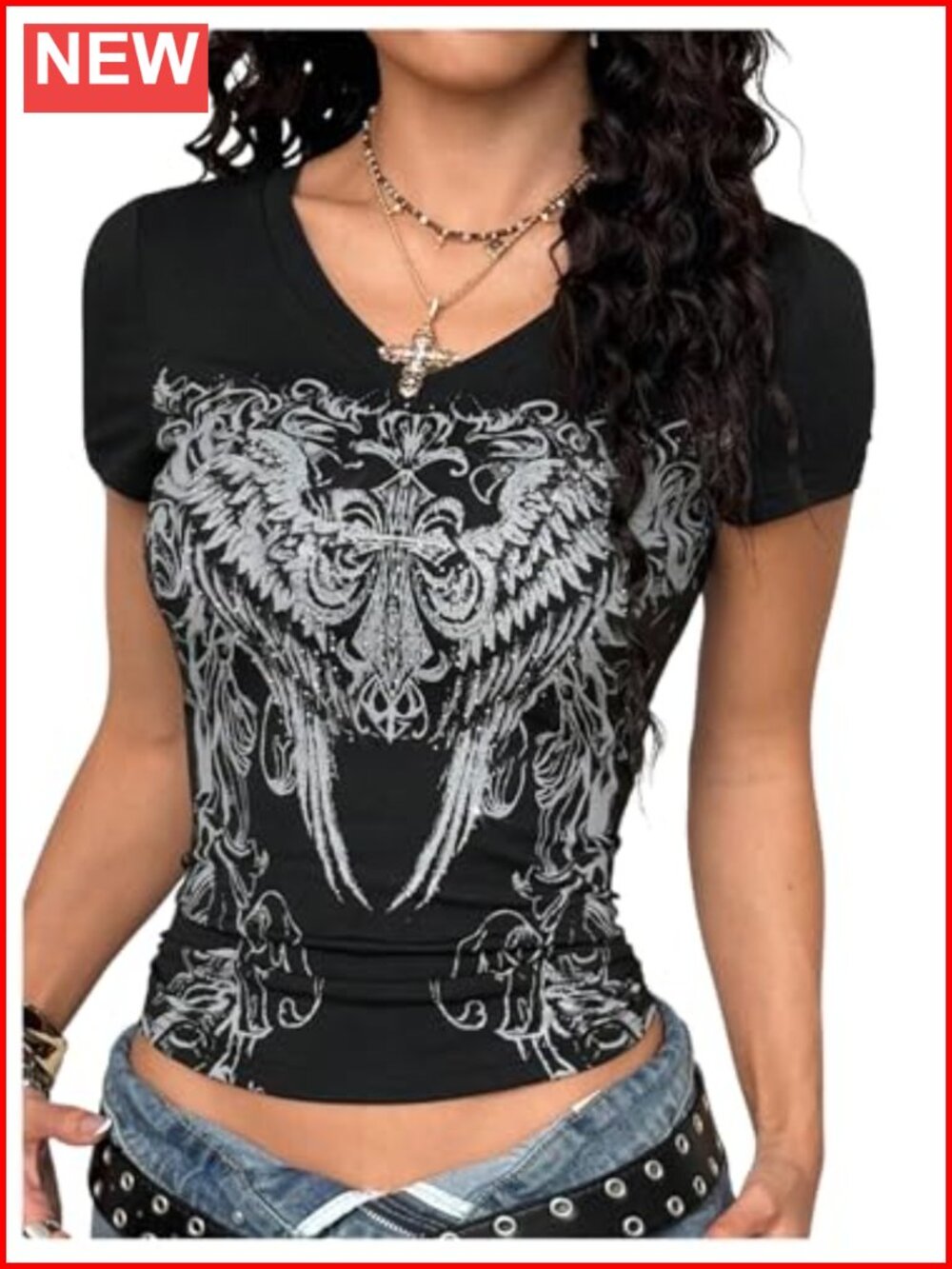 Sparkly Rhinestone Y2K Gothic V Neck Slim Fit Crop Tee Short Sleeve
